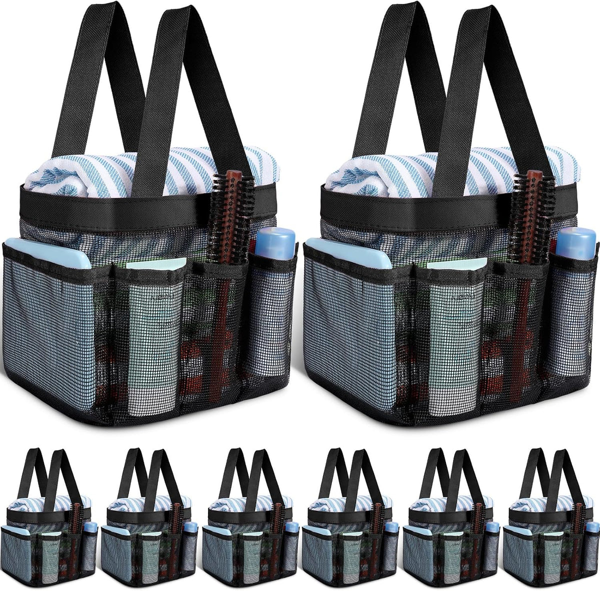 8 Packs Large Mesh Shower Caddy with 8 Pocket and Handle, Black