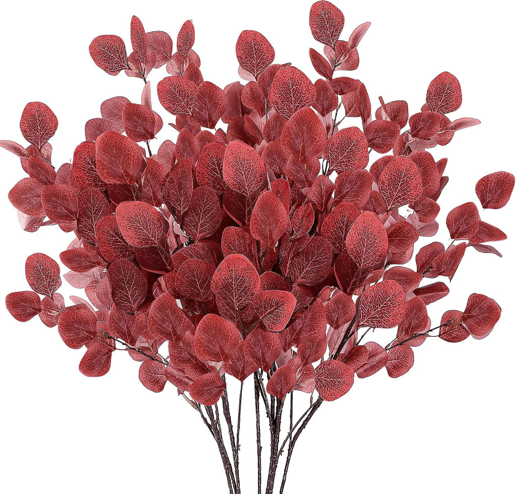 Sggvecsy Artificial Eucalyptus Leaves, 6 Pieces, 35.43 Inch Long, Red Color, Plastic and Silk Material, Easy to Bend and Adjust