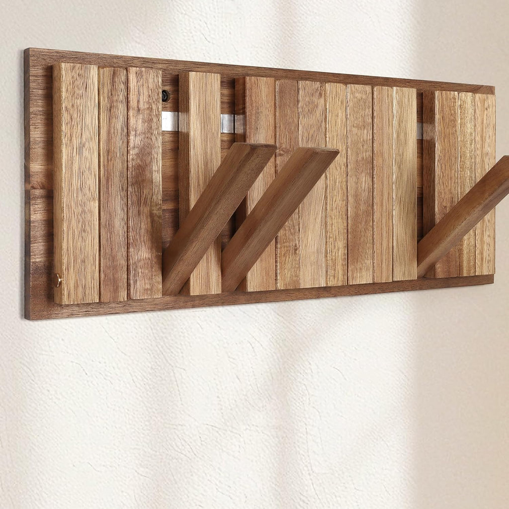 Wall Coat Rack for Entryway: Folding Wood Rustic 8 Hooks