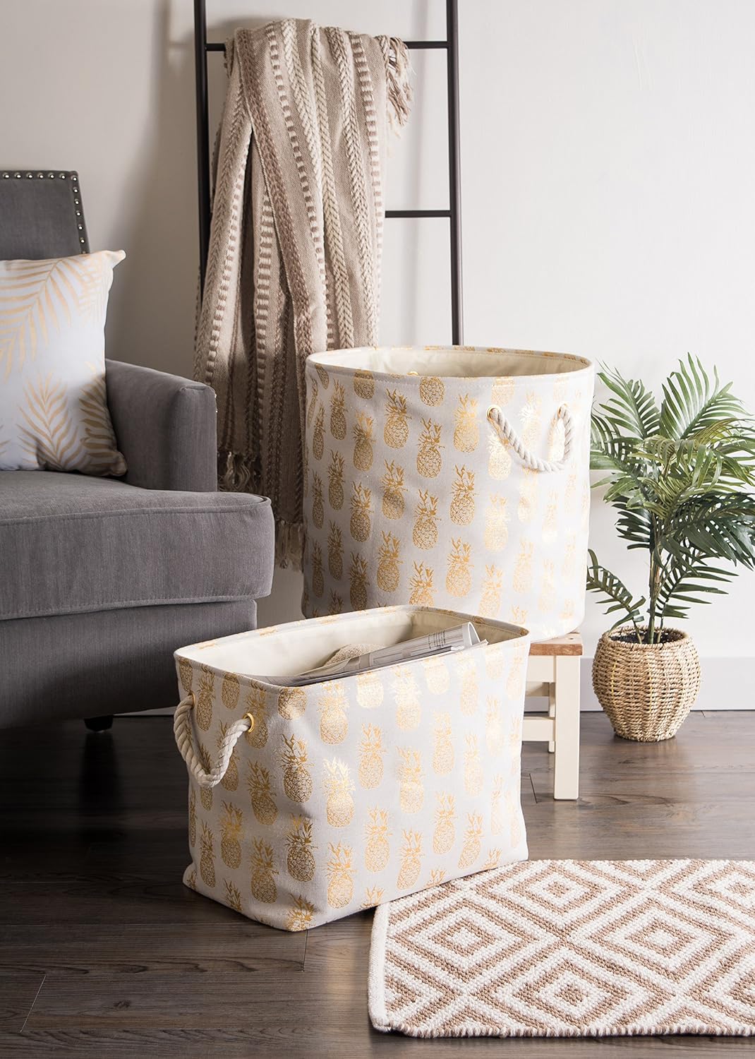 DII Polyester Storage Bin, Gold Metallic Collection Collapsible with Handles, Large Round, Pineapple