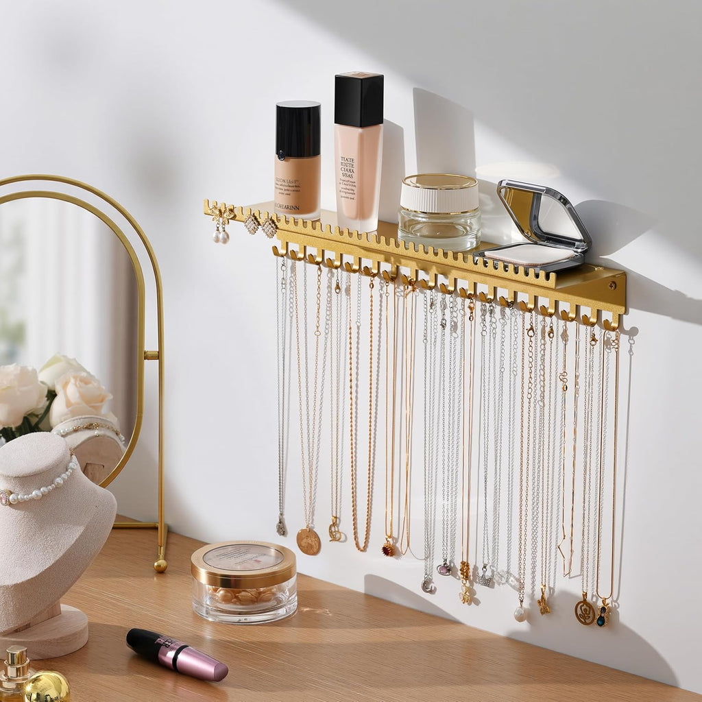 Wall Mounted Necklace Holder with Shelf, Wall Jewelry Organizer, Gold