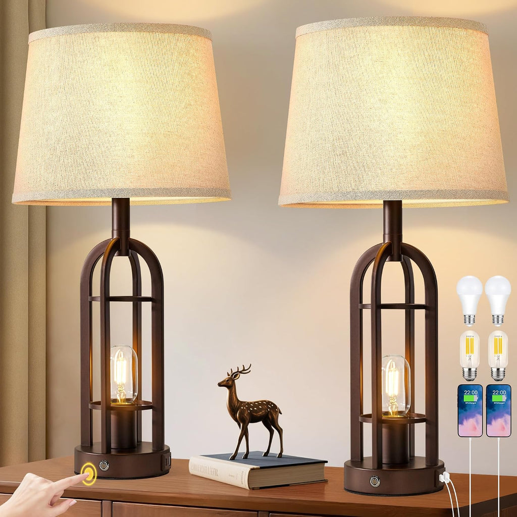 SRJJA 24" Farmhouse Touch Table Lamps for Living Room Set of 2 with USB A+C
