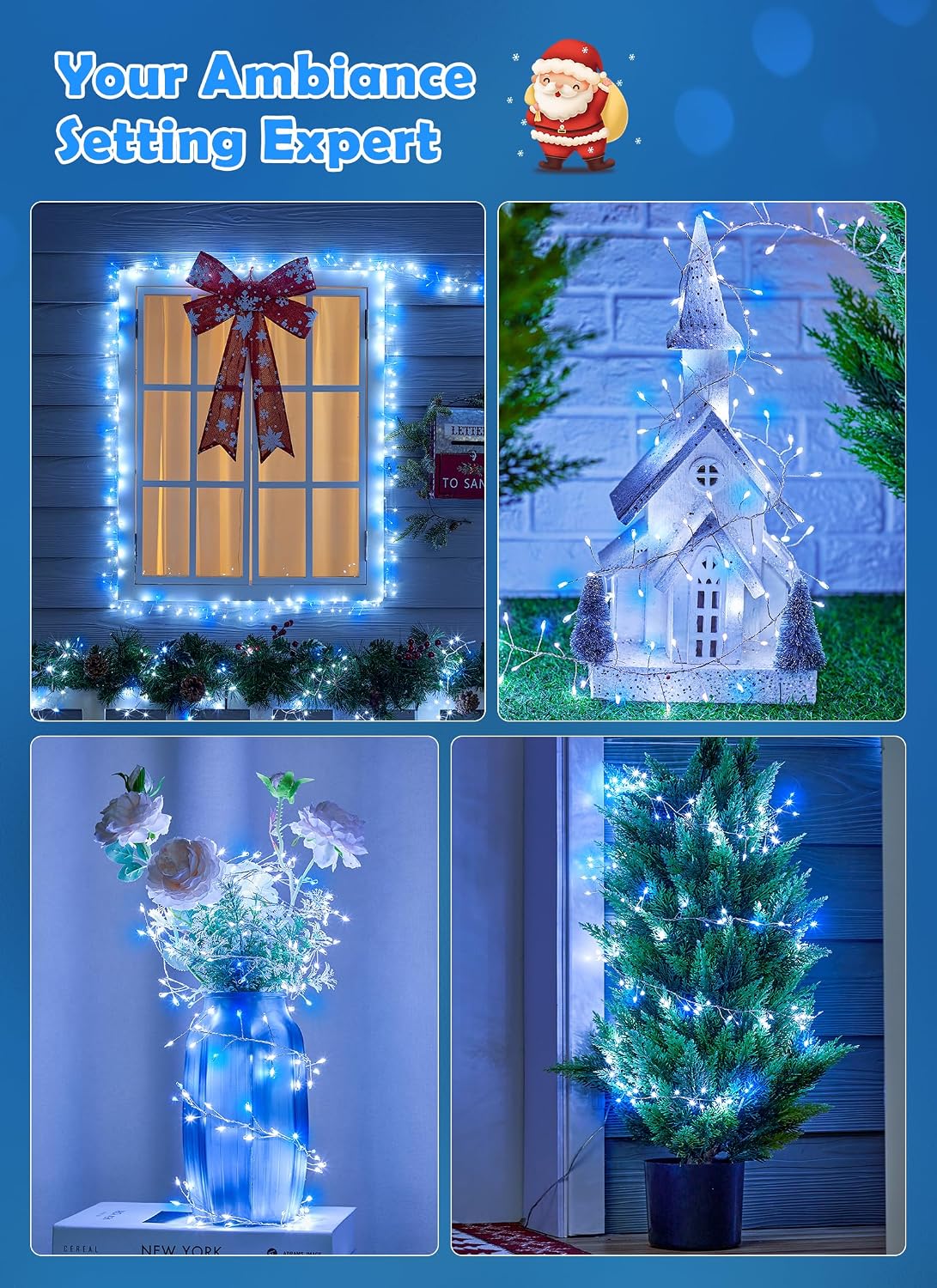 Fairy Lights Plug in, 10ft 200LED Cluster String Lights - Twinkle Copper Wire Christmas Tree Lights Waterproof for Bedroom Decor, Indoor/Outdoor Party, Patio, Garden，Blue White，2pack