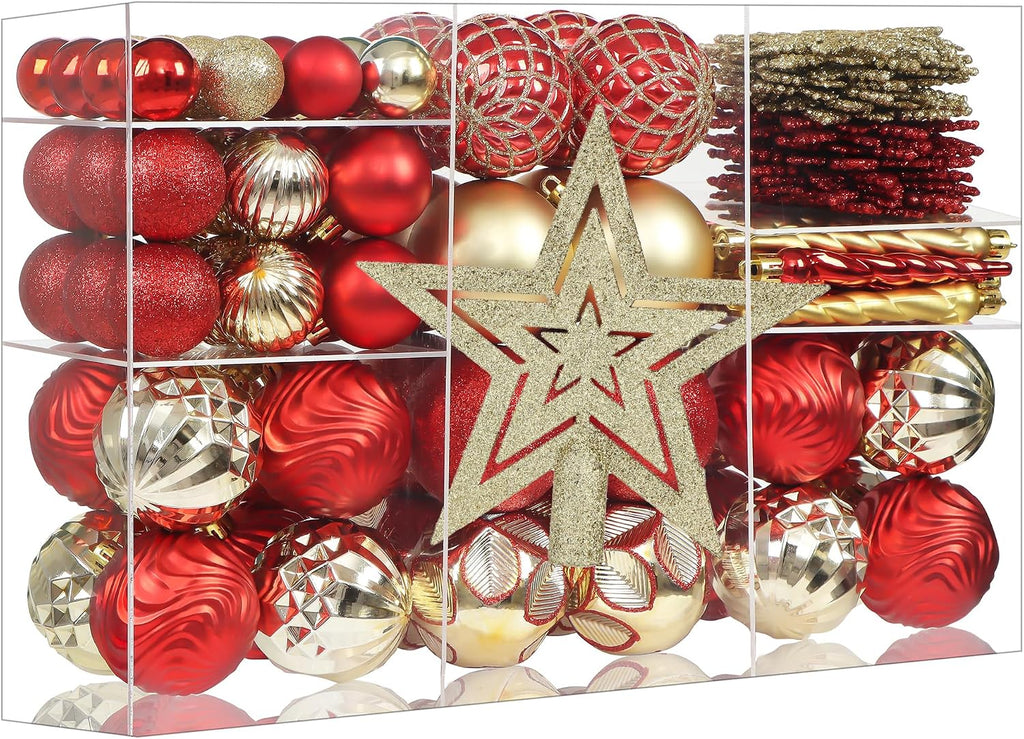 101Pcs Red and Gold Christmas Ball Ornaments Set with Topper, Assorted Shatterproof Christmas Tree Decoration Classic Theme Hanging Ornaments for Xmas Tree/Holiday/Party/Home Decor