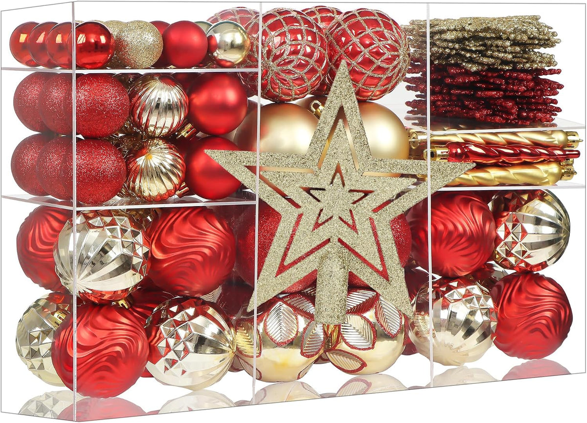 101Pcs Red and Gold Christmas Ball Ornaments Set with Topper, Assorted Shatterproof Christmas Tree Decoration Classic Theme Hanging Ornaments for Xmas Tree/Holiday/Party/Home Decor