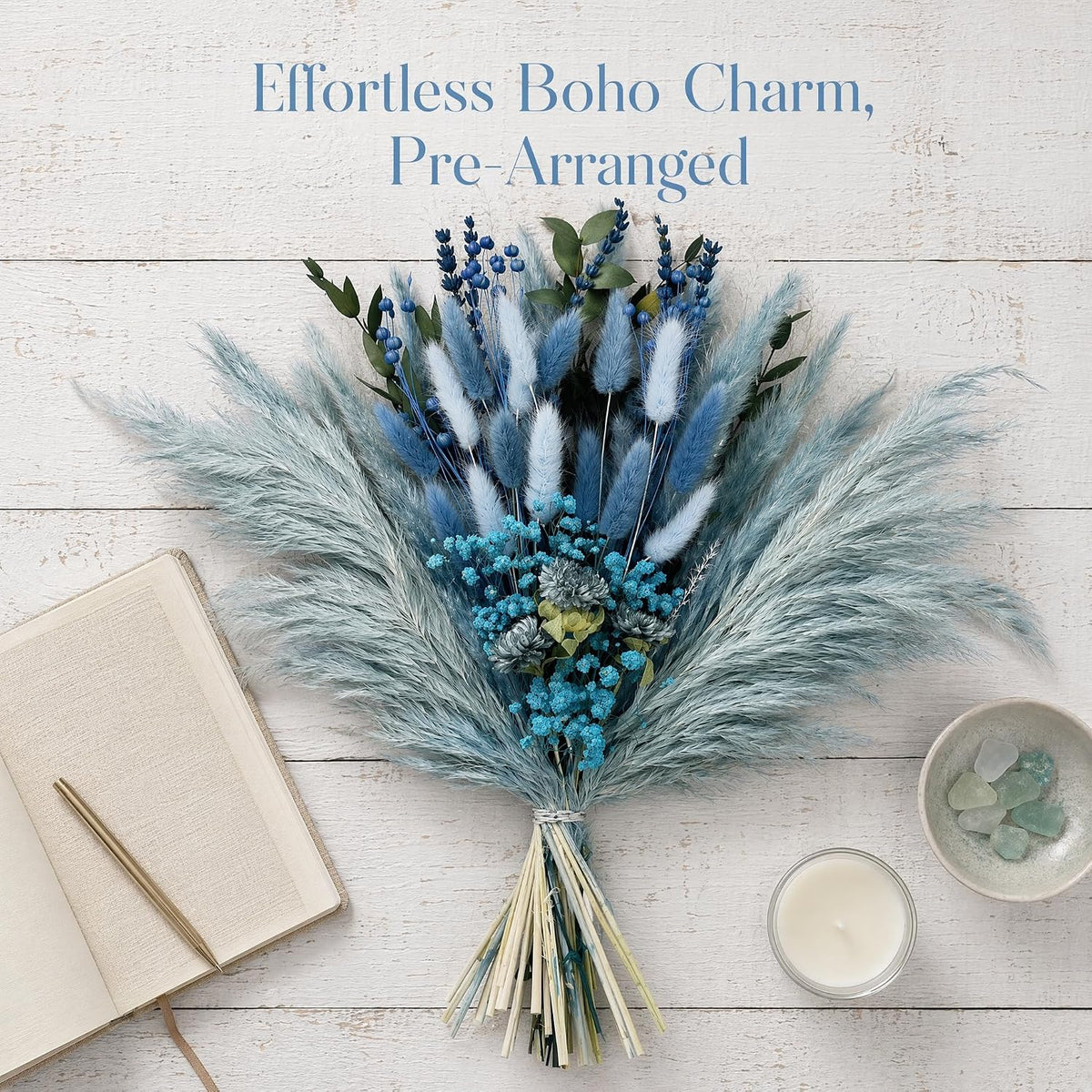 Umero Dusty Blue Pampas Grass Bouquet, 17" Boho Dried Flower Arrangement