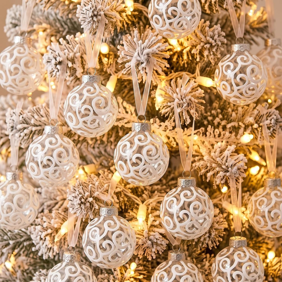 54-Piece Bulk Pack Clear White Swirl Christmas Ball Ornaments Set for Christmas Tree Decorations, 2.36"