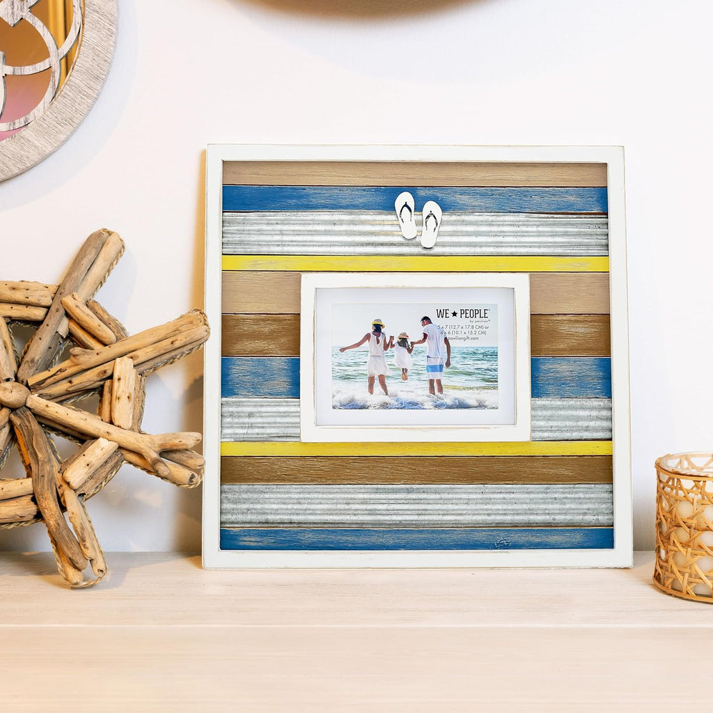 Pavilion Gift Company - Beach-Themed Distressed Wall Picture Frame, Holds 4x6 or 5x7 Photo,14 x 14 inches, Brown, Blue, Yellow, White, 1 Count