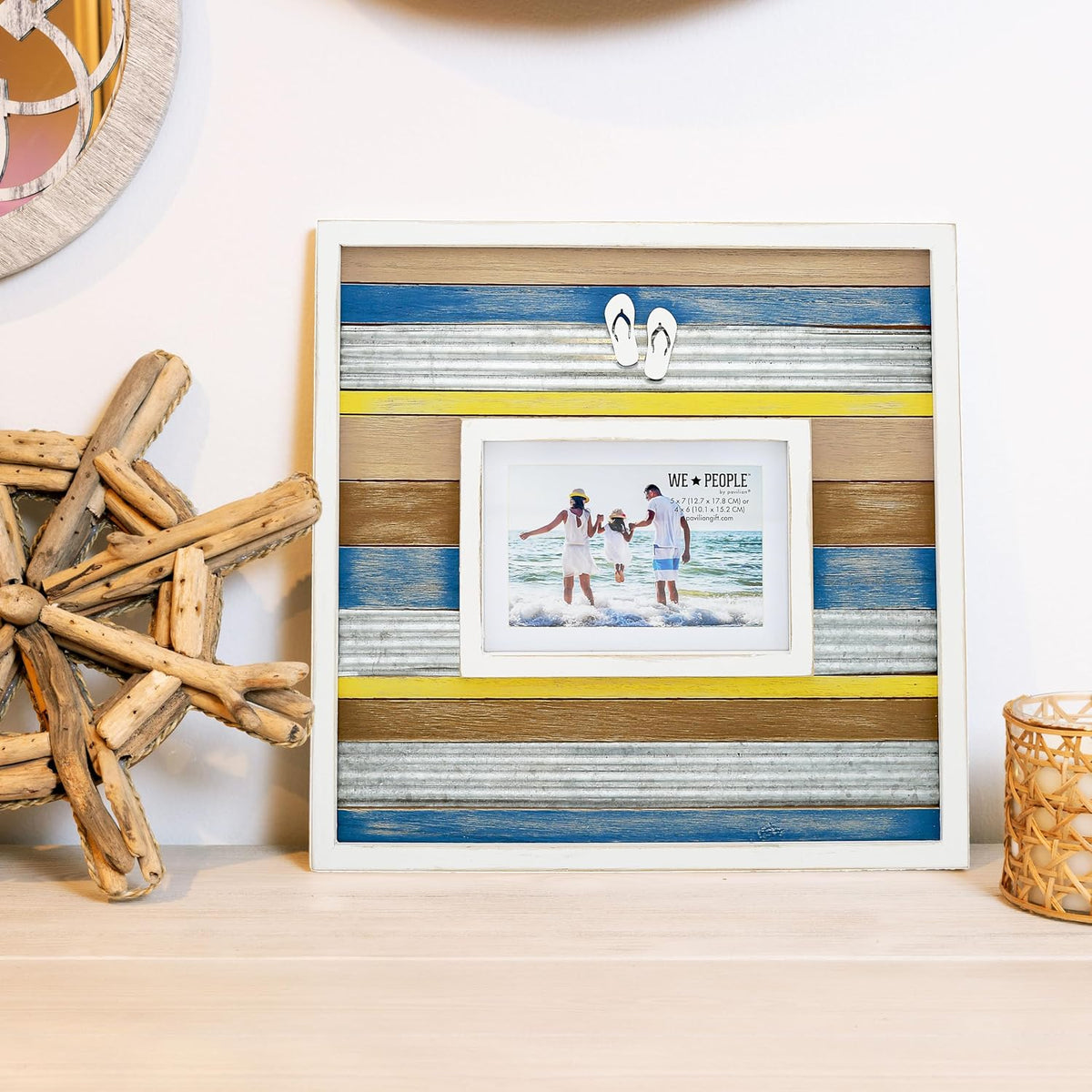 Pavilion Gift Company - Beach-Themed Distressed Wall Picture Frame, Holds 4x6 or 5x7 Photo,14 x 14 inches, Brown, Blue, Yellow, White, 1 Count