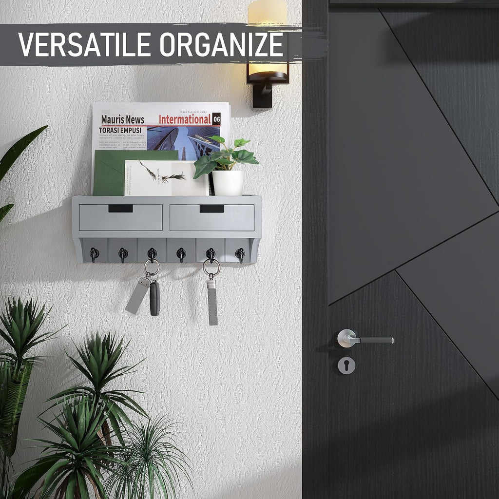 Rebee Vision Key Holder Wall Mount with 2 Drawers for Entryway, Light Gray