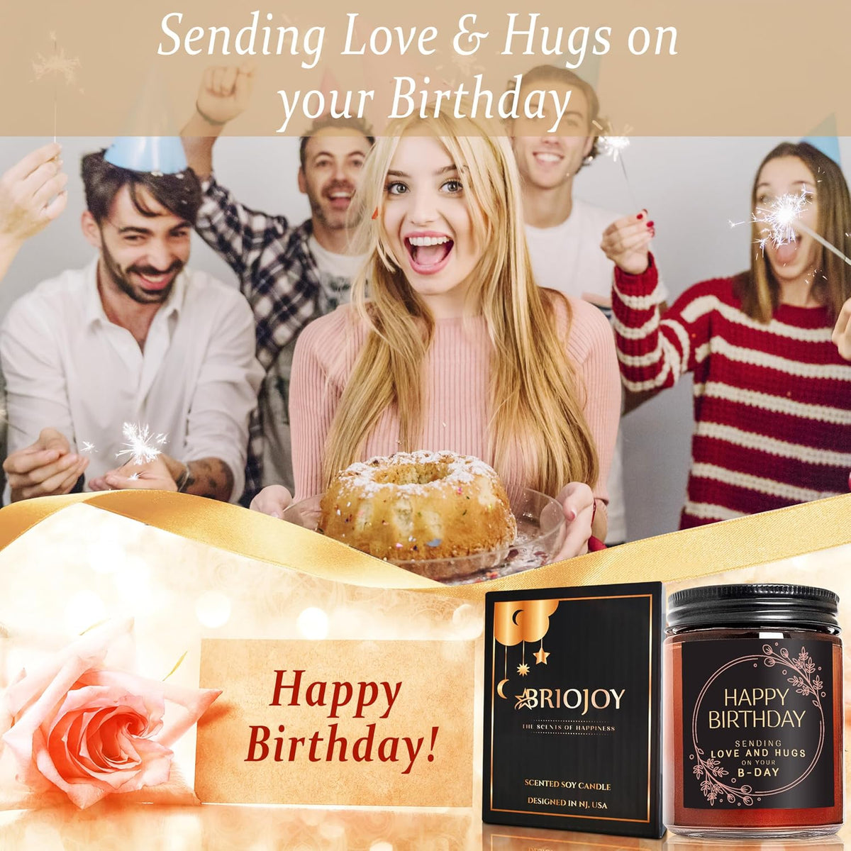 Happy Birthday Gifts for Women Men - Sending Love Hugs Birthday Candle for Her Him -16th 30th 40th 50th Birthday for Mom Sister Wife Daughter Aunt Best Friend - Vanilla Cake Sweet Scented Soy Candles