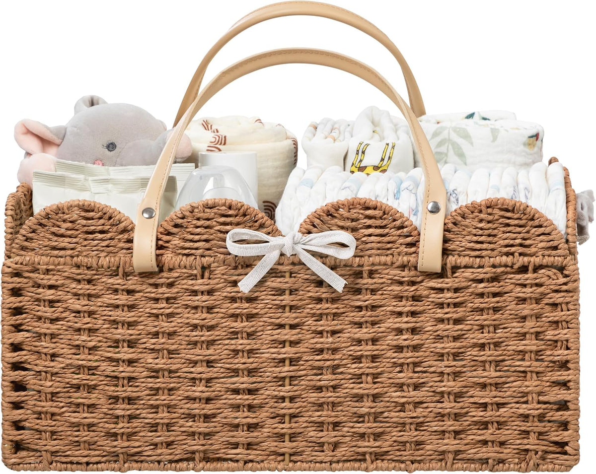 HBlife Baby Diaper Caddy, Paper Rope Storage Baskets Nursery Bin with Removable Divider, Portable Car Organizer for Diapers, Baby Shower Gifts, Newborn Essentials Must Haves