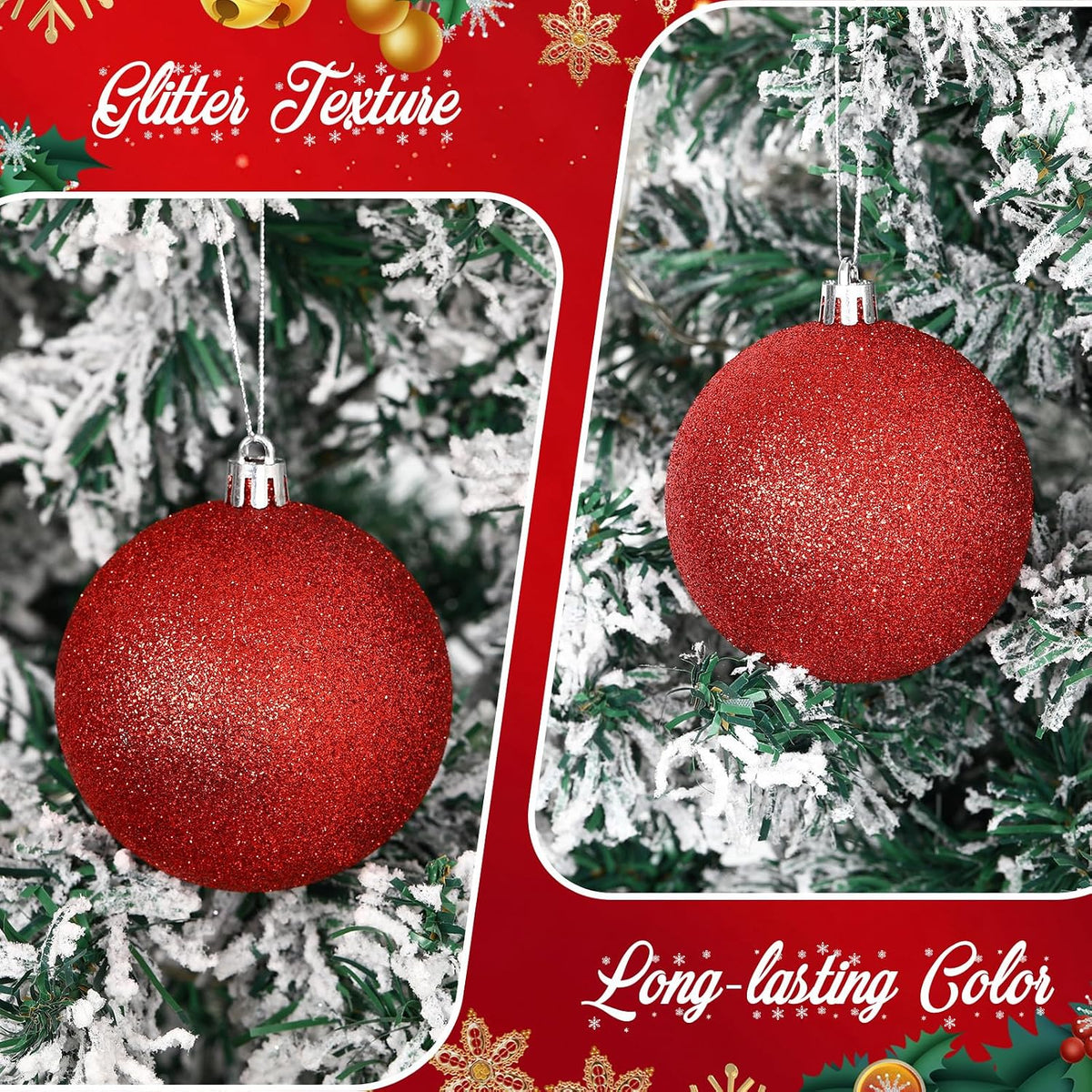 Leitee 16 Pcs 3.15 Inch Glitter Christmas Ball Ornaments, Red