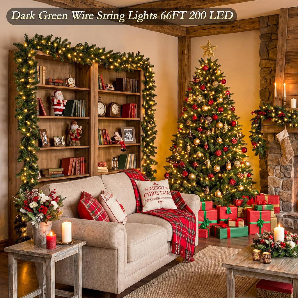 66FT 200 LED Warm White Fairy Lights, Dark Green Wire 8 Modes Timer, IP44 Waterproof Outdoor Indoor String Lights for Patio Garden Backyard Bedroom Classroom Weeding Christmas Decor