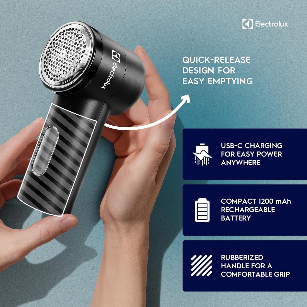 Electrolux Rechargeable Fabric Shaver | Compact Travel Lint Remover for Clothes & Furniture | Eliminates Fuzz & Pilling | 3-Speed Electric Lint Shaver with Type-C Fast Charging Port - Black