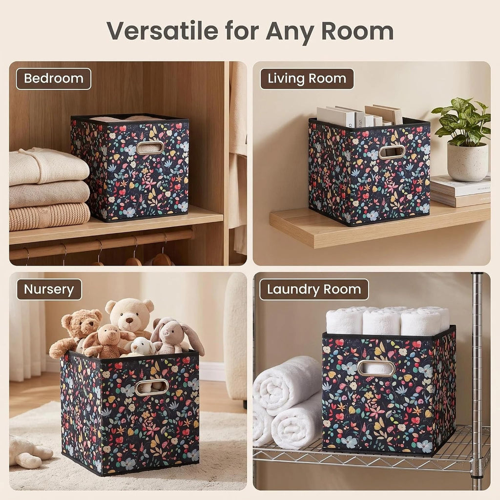 6pcs Black Floral Fabric Storage Cubes Organizer with Handles, Collapsible Sturdy Storage Bins for Organization, 10.5" x 10.5" x 11"