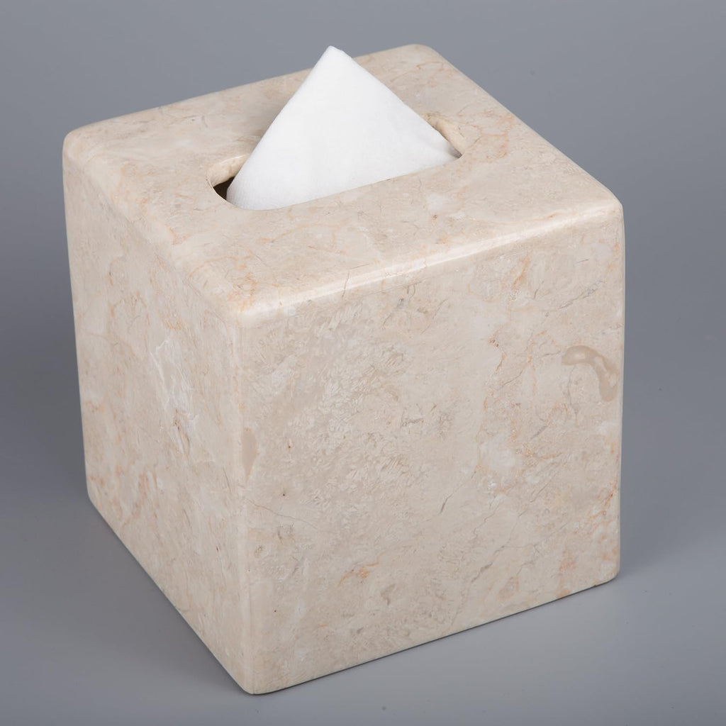 Creative Home Natural Marble Tissue Box Cover, Square Beige Tissue Holder, 5.4 x 5.4 x 5.6 H Inch (Pack of 2)
