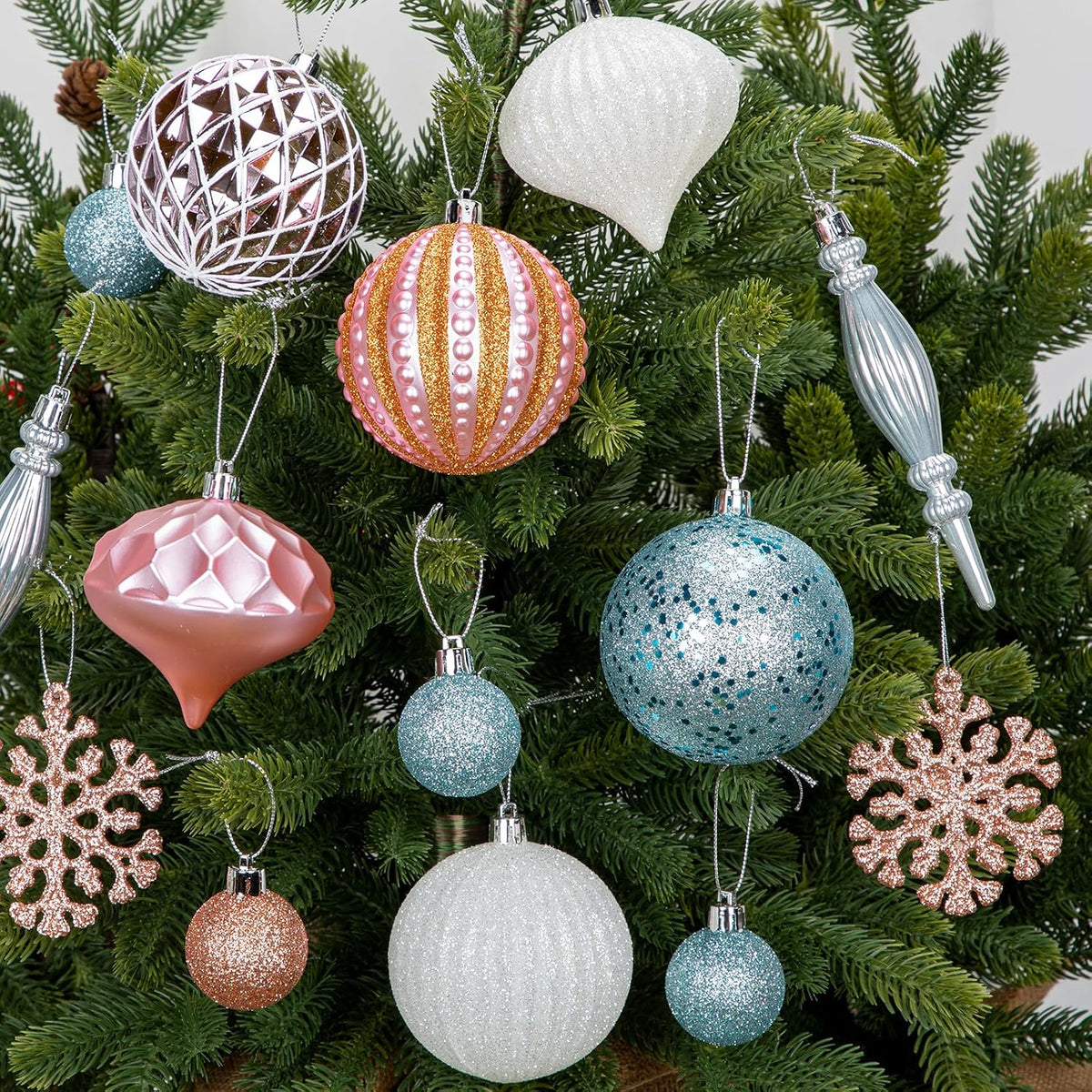 Hollyone Christmas Balls Ornaments Set, 50pcs Glitter Pink Blue and White Shatterproof Christmas Ball Snowflakes Tree Ornaments Hanging Ball Decoration for Xmas Tree Wreath Garland Wedding Home Decor