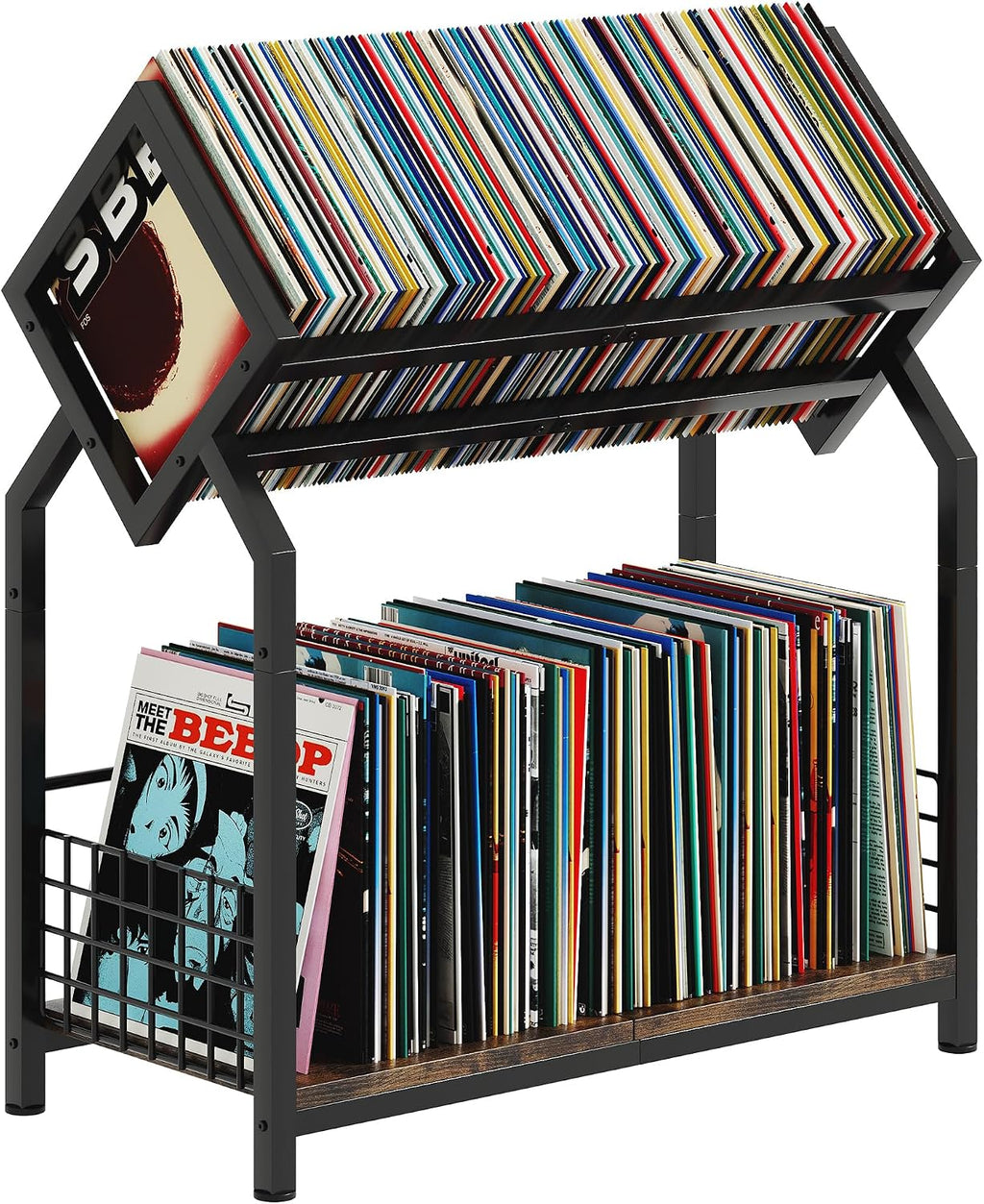 Homeiju 2-Tier Vinyl Record Storage Holder with Dividers, 24.4''W Vinyl Record Display, 300 LPs Vinyl Record Storage Rack, Suitable for Magazines, Books, Documents, Albums