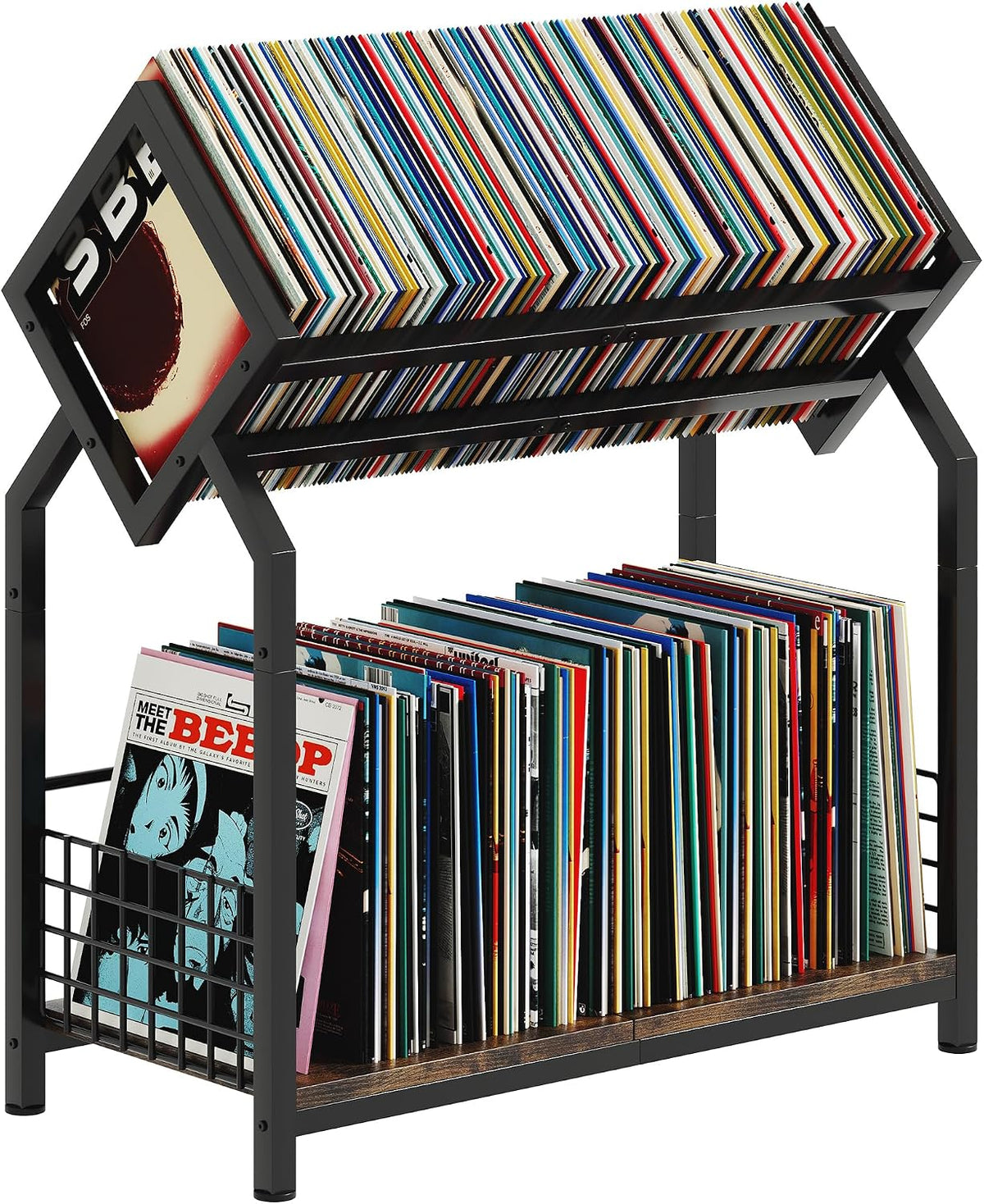 Homeiju 2-Tier Vinyl Record Storage Holder with Dividers, 24.4''W Vinyl Record Display, 300 LPs Vinyl Record Storage Rack, Suitable for Magazines, Books, Documents, Albums