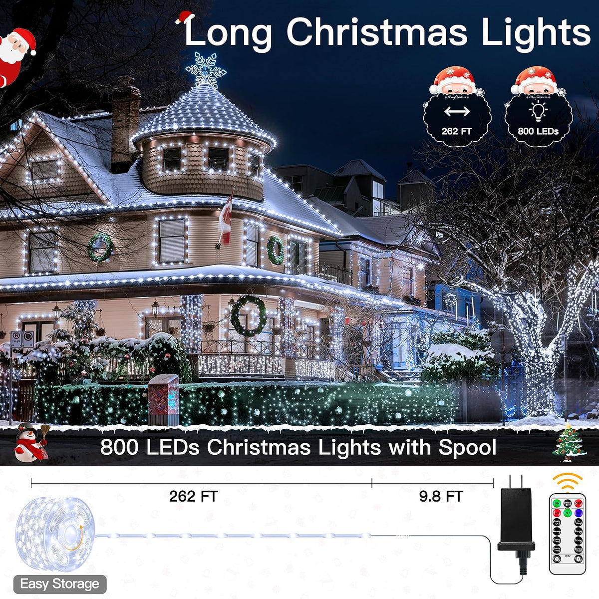White Christmas Lights, 800LED 262FT Fairy Lights Outdoor Indoor
