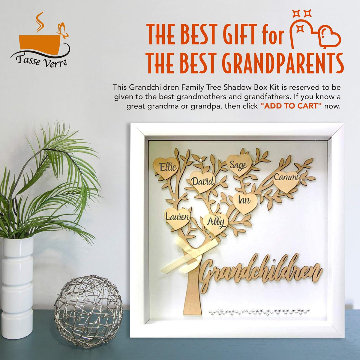 Tasse Verre 12x12 Grandchildren Shadow Box Kit - Family Tree Gift for Grandparents Grandma Grandpa with 7 Hearts and 40 Gems. Gift for Grandparents Grandchild Grandkid Nana Mimi Mothers Day