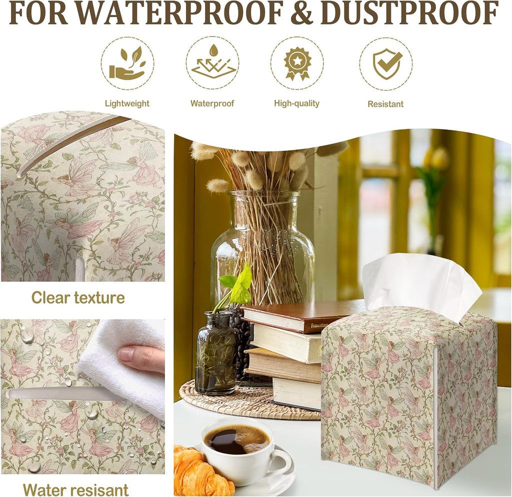 Vintage Flower Fairy Decorative Leather Tissue Box Cover - Tissue Box Holder Gifts for Women Family and Friends Funny Unique Home Decor Decorative for Kids Room Kitchen Bathroom Office - A32