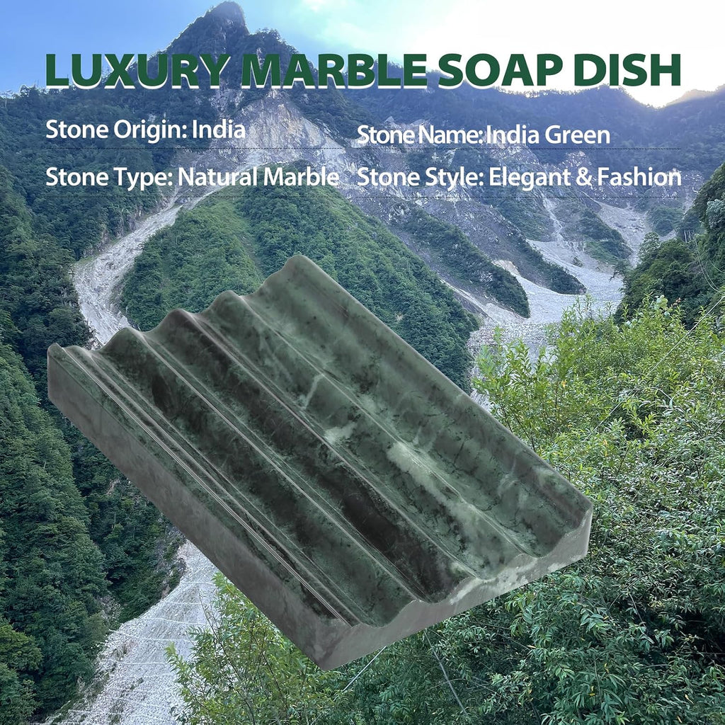 2PCS Koville Indian Natural Green Marble Soap Dish for Shower, Stone Soap Tray for Bathroom, Marble Bar Soap Holder for Sink, Stripe Grooves Soap Saver Sponge Holder