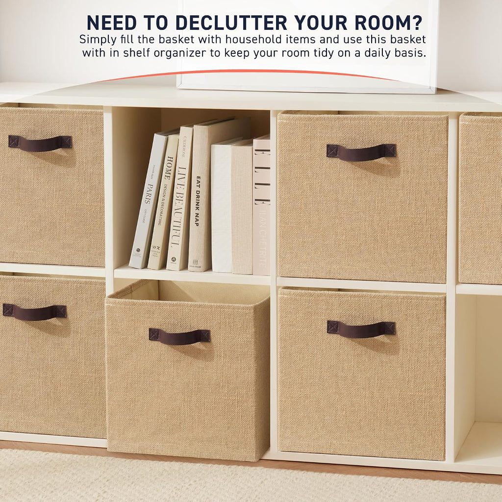Ornavo Home 13x13 Jute Storage Cube Bins, 6 Pack, Foldable, Leather Handles