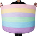 MINTWOOD Design XXXXLarge 22 x 16in Decorative Woven Cotton Rope Blanket Storage Basket Bin Living Room with Handles and Laundry Hamper for Pillows, Pool Towels, Dog Toys, Shoes, Pastel Rainbow