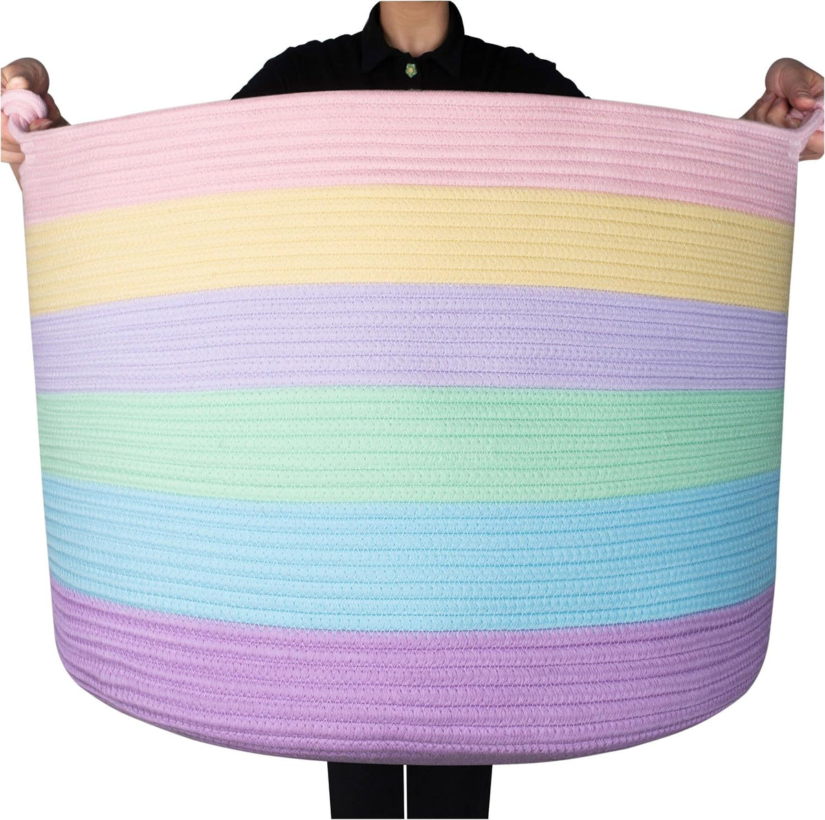 MINTWOOD Design XXXXLarge 22 x 16in Decorative Woven Cotton Rope Blanket Storage Basket Bin Living Room with Handles and Laundry Hamper for Pillows, Pool Towels, Dog Toys, Shoes, Pastel Rainbow