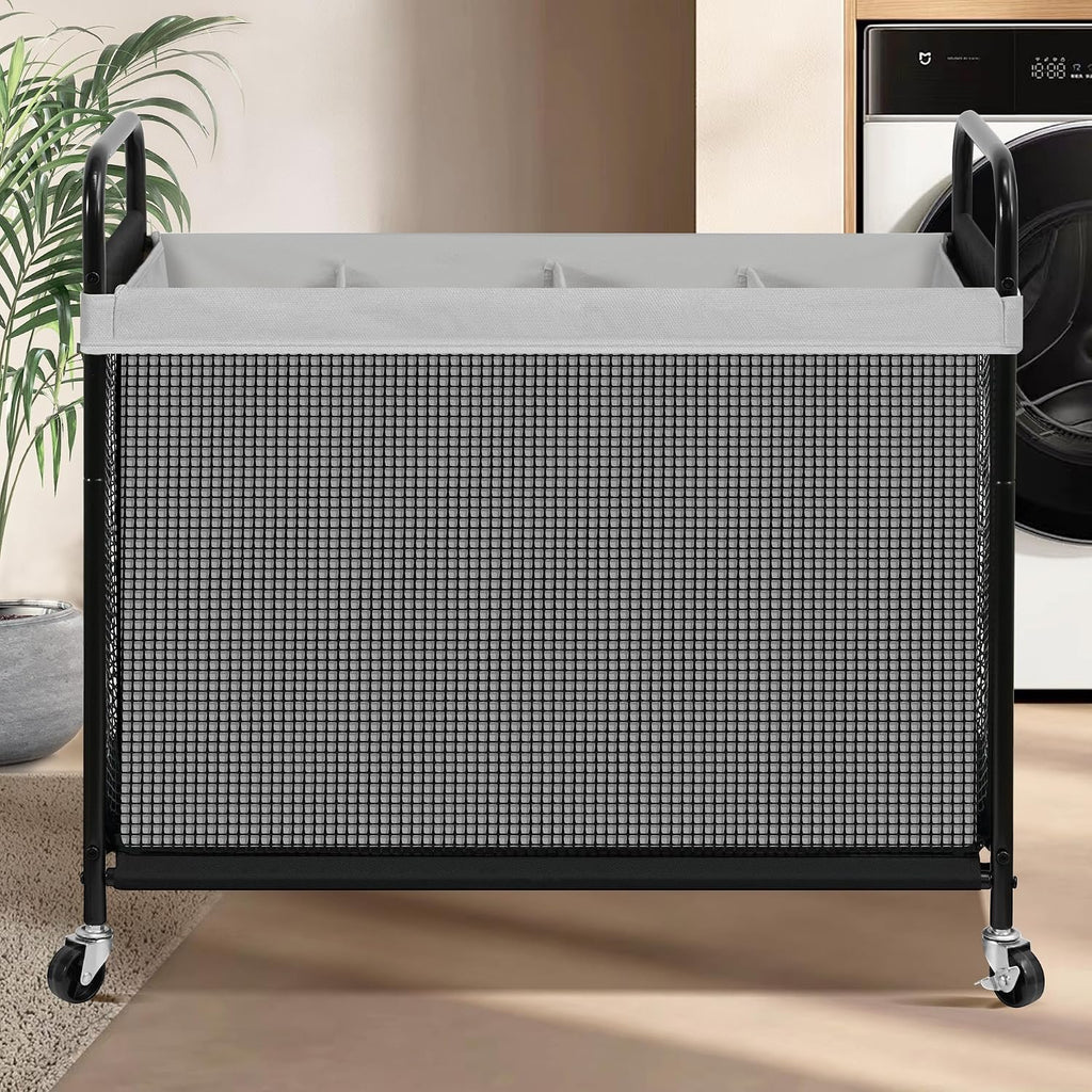 STO STO Laundry Hamper 4 Section, 140L Rolling Laundry Sorter Cart with Removable and Washable Liner Bag, Clothes Hamper with Wheels and Metal Handle for Laundry Room and Bedroom, Gray