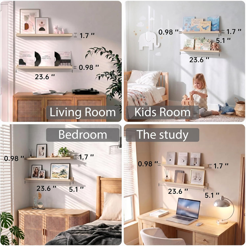 Oak Floating Shelves with Lip, 24 Inch Picture Ledge Shelf Set of 2