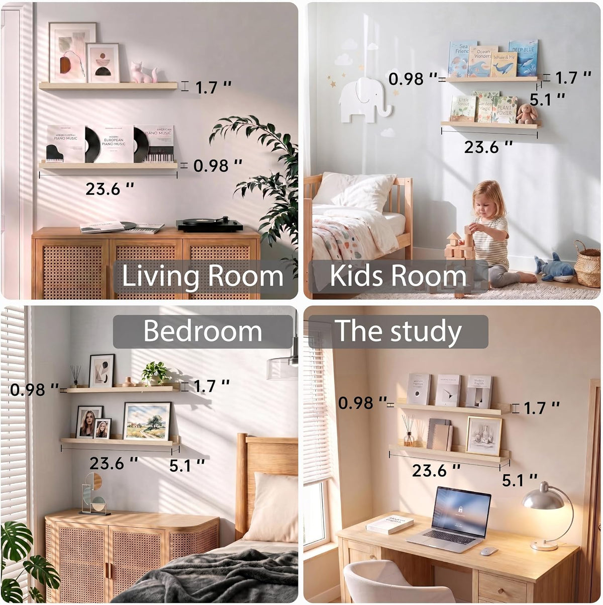 Oak Floating Shelves with Lip, 24 Inch Picture Ledge Shelf Set of 2