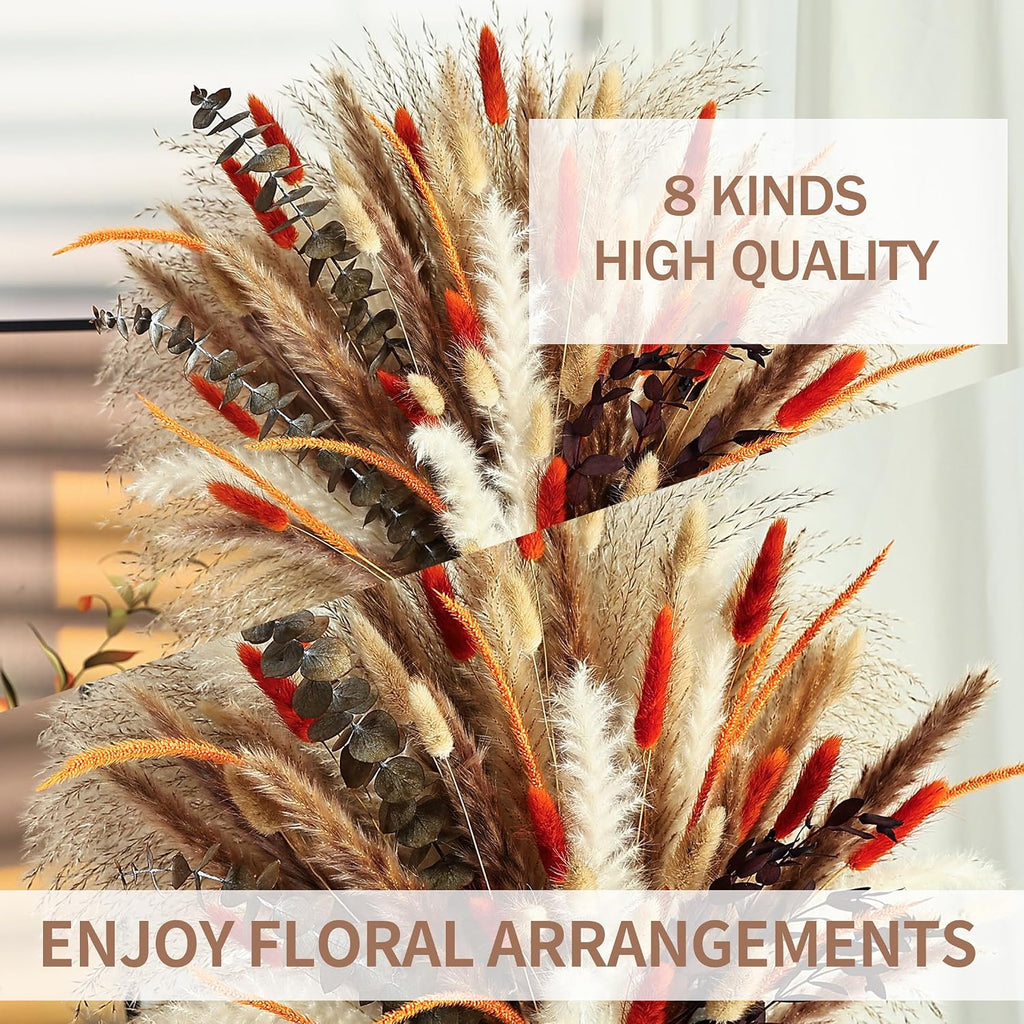 Burnt Orange Rustic Dried Flower Bouquet – Natural Pampas Grass, Eucalyptus & Bunny Tails in Farmhouse-Inspired Floral Arrangement for Home and Event Decor (Hearthlight Amber)