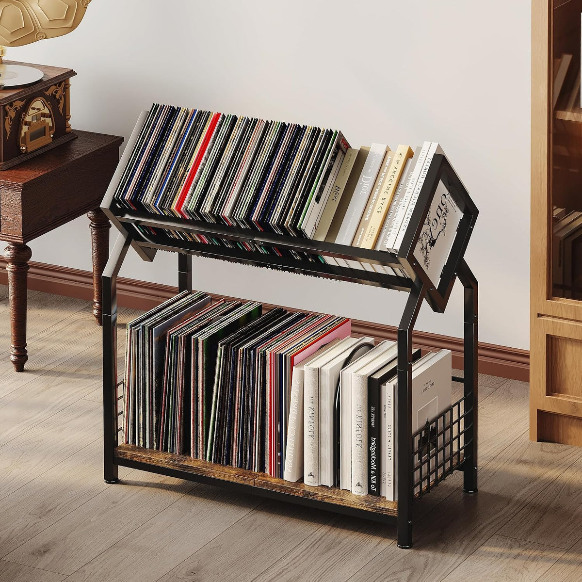Homeiju 2-Tier Vinyl Record Storage Holder with Dividers, 24.4''W Vinyl Record Display, 300 LPs Vinyl Record Storage Rack, Suitable for Magazines, Books, Documents, Albums