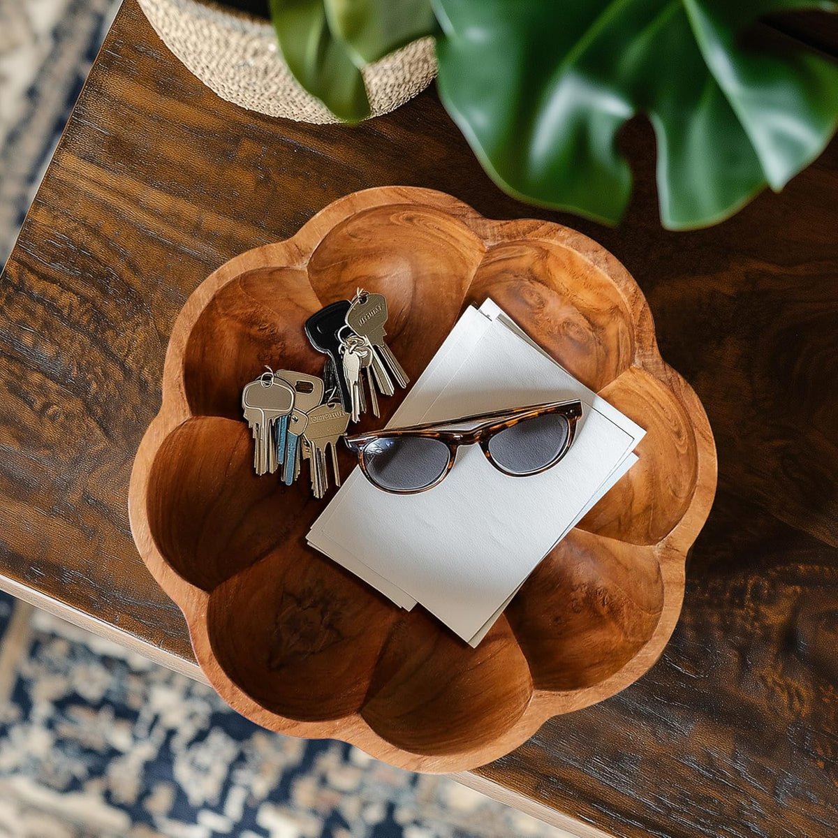 Decorative Wooden Bowl, Fruit Bowl for Kitchen Counter, Teak Wood Decor