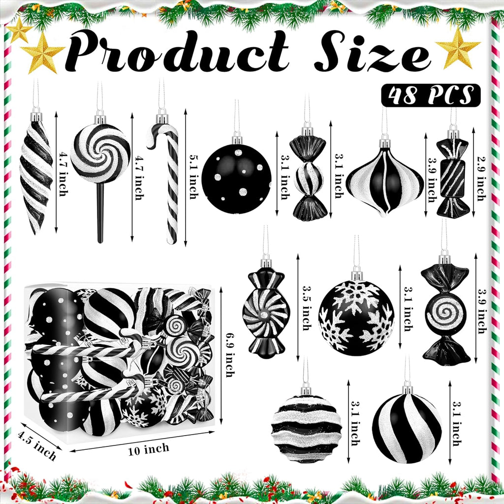 48pcs Candy Christmas Ornaments Set, Hanging Black Christmas Tree Decor