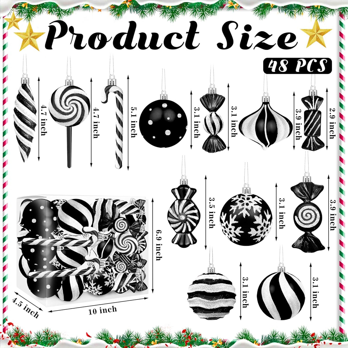48pcs Candy Christmas Ornaments Set, Hanging Black Christmas Tree Decor