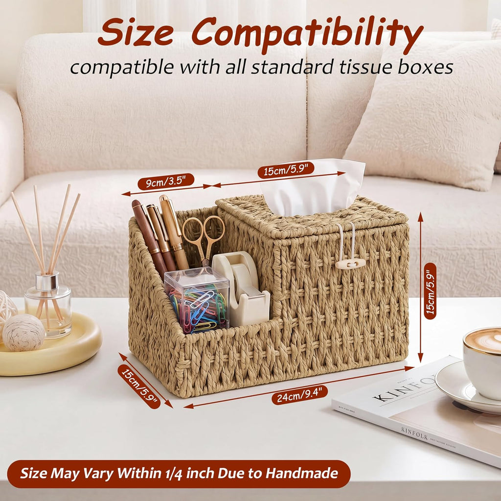 Tissue Box Cover with Storage, Wicker Paper Rope Square Tissue Box Holder