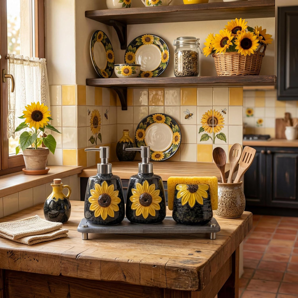 4 Pcs Sunflower Kitchen Decor Ceramic Soap Dispenser Set
