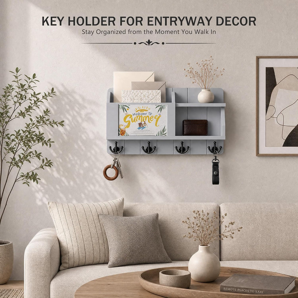 Rebee Vision Key Holder Wall Mount with Mail Organizer for Entryway, Gray