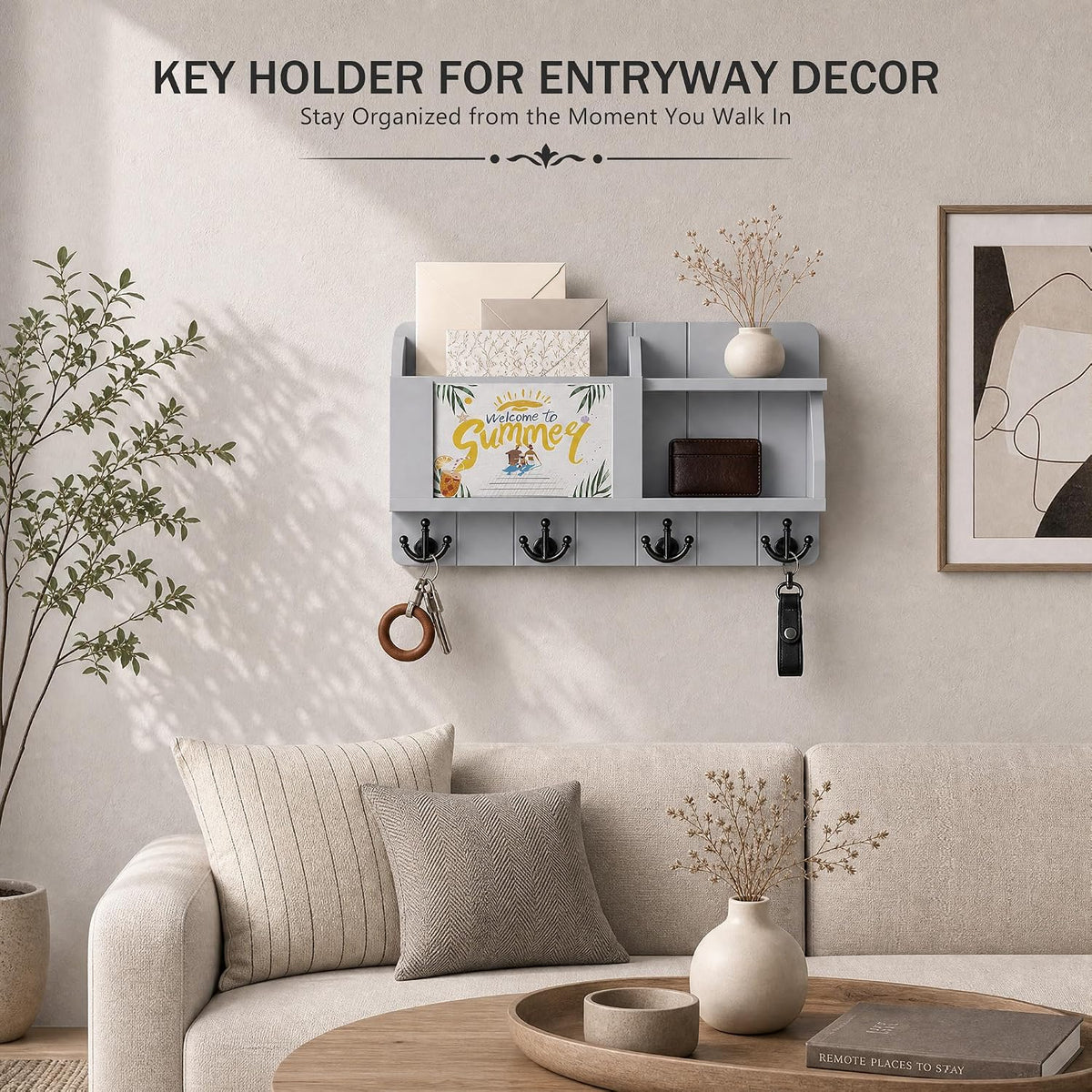Rebee Vision Key Holder Wall Mount with Mail Organizer for Entryway, Gray
