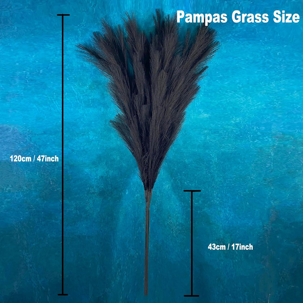 6 Pcs Artificial Pampas Grass Large, 47"/120cm Fake Faux Artificial Pampas Grass Decor Tall Stems, Fluffy Pompous Pompass Branch Floor Vase Filler for Home Kitchen Decor Boho Decor Wedding-Black