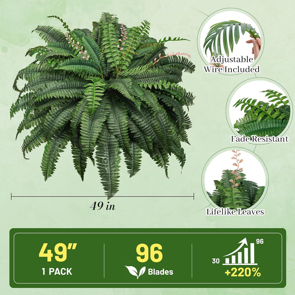 Der Rose 49 inch 96 Leaves Fake Ferns Large, UV Resistant Artificial Plants Outdoors Faux Boston Fern Plants for Porch Home Patio Hanging Decor