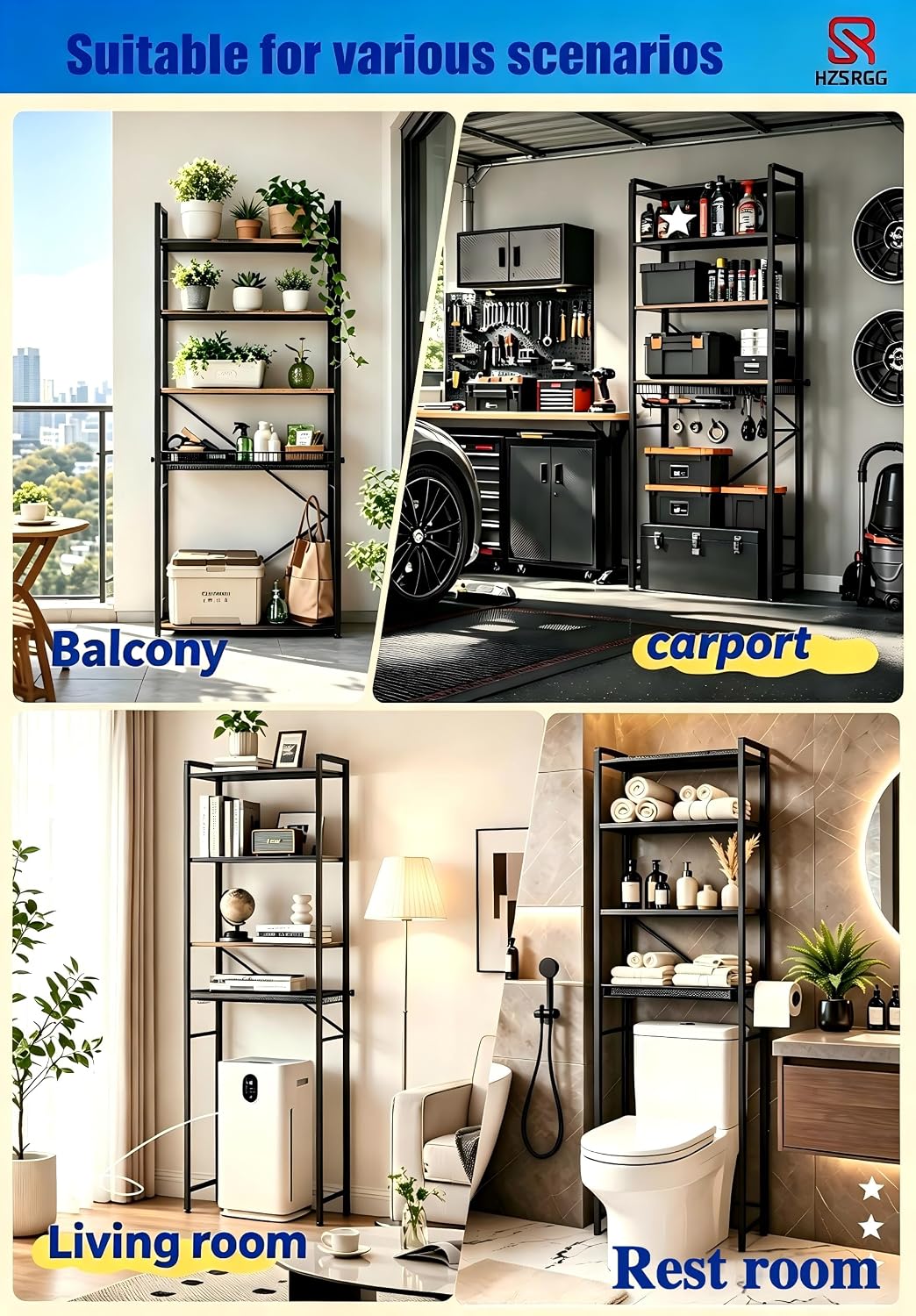 Over The Toilet Storage, 4-Tier Bathroom Organizer with V-Shaped Support & Pre-Welded Frame, Freestanding Rustproof Shelf with Toilet Paper Holder, Heavy Duty, 60" Tall, Black