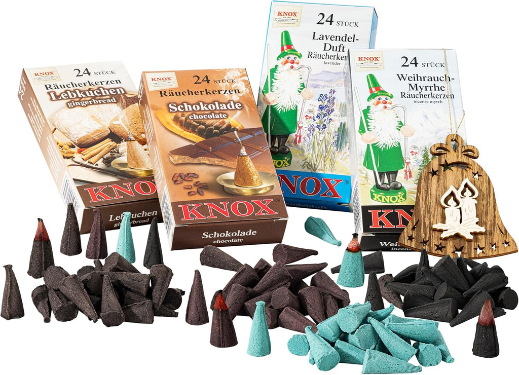 MaMeMi German Incense Cones Holiday Season – Knox 4 Packs (96 Cones) for Smoker Houses & Figurines | Gingerbread, Chocolate & Seasonal Favorites | Gift Set with Wooden Ornament
