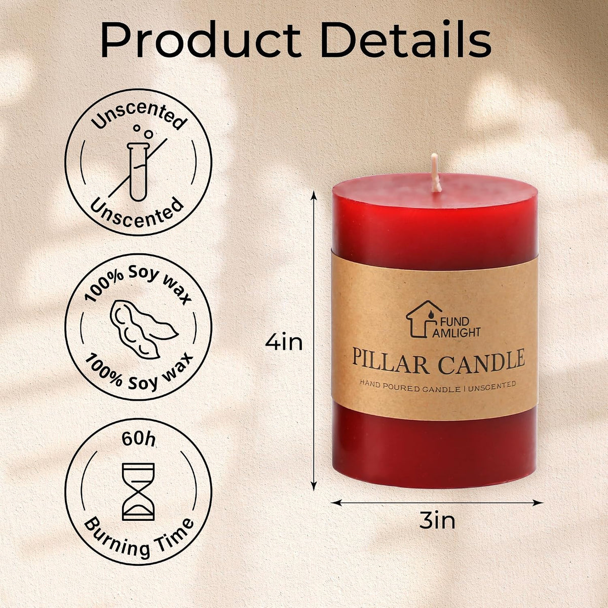 3x4 Inch Red Pillar Candles Set of 3 - Decorative Unscented Pillar Candle