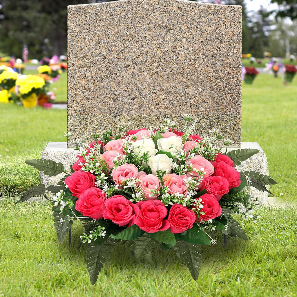 Lodou Artificial Cemetery Flowers,Silk Memorial Cake for Cemetery,Artificial Flower Centrepieces for Tables,Artificial Rose Graveyard Memorial Flowers for Headstones Decoration (Pink)