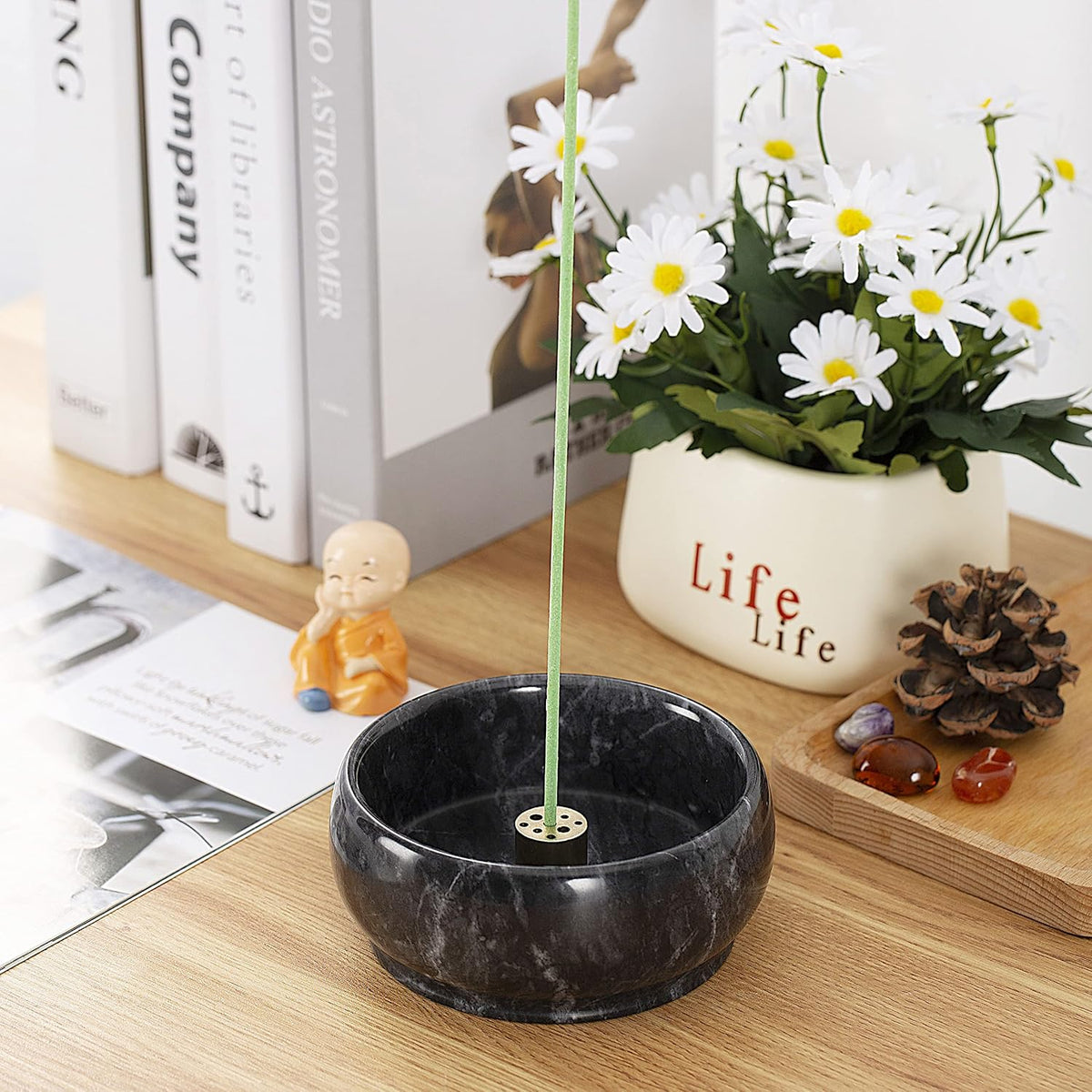 Incense Holder, Incense Burner ash Catcher with Brass 9 Holes Incense Stick Holder for Home Decor Yoga Spa Madiation (Natural Black Marble) Birthday Gifts for Women